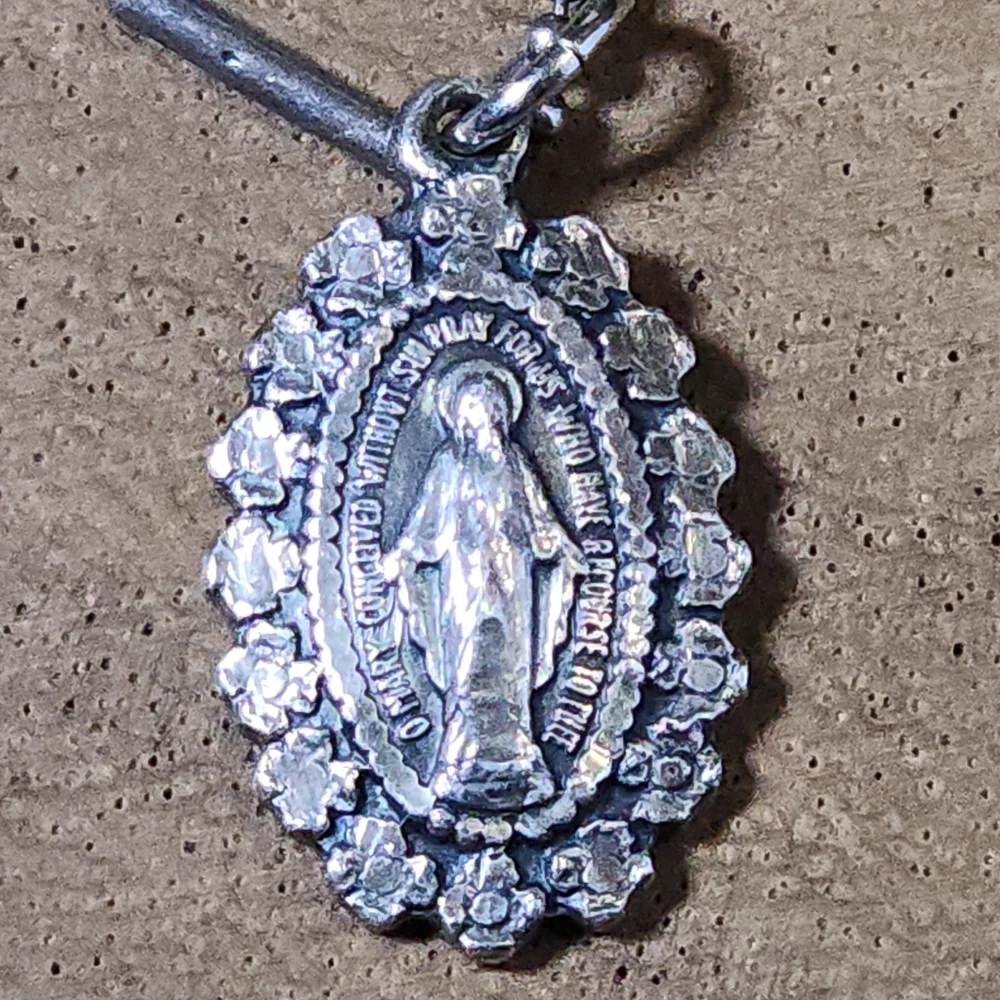 Vtg 925 Italy Silver Pendant Necklace St Mary Conceived Without Sin Pray For Us